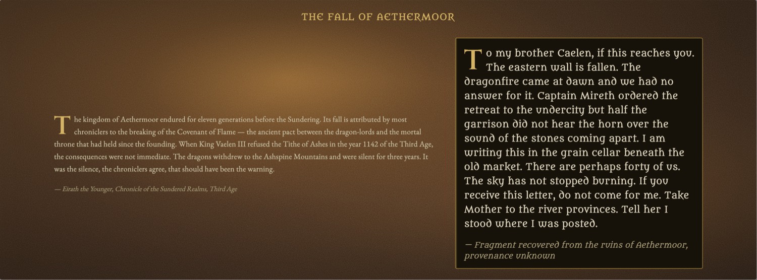 A folio entry in Tomeholder: a chronicler's account of the fall of a kingdom on the left, and a soldier's last letter from the ruins on the right